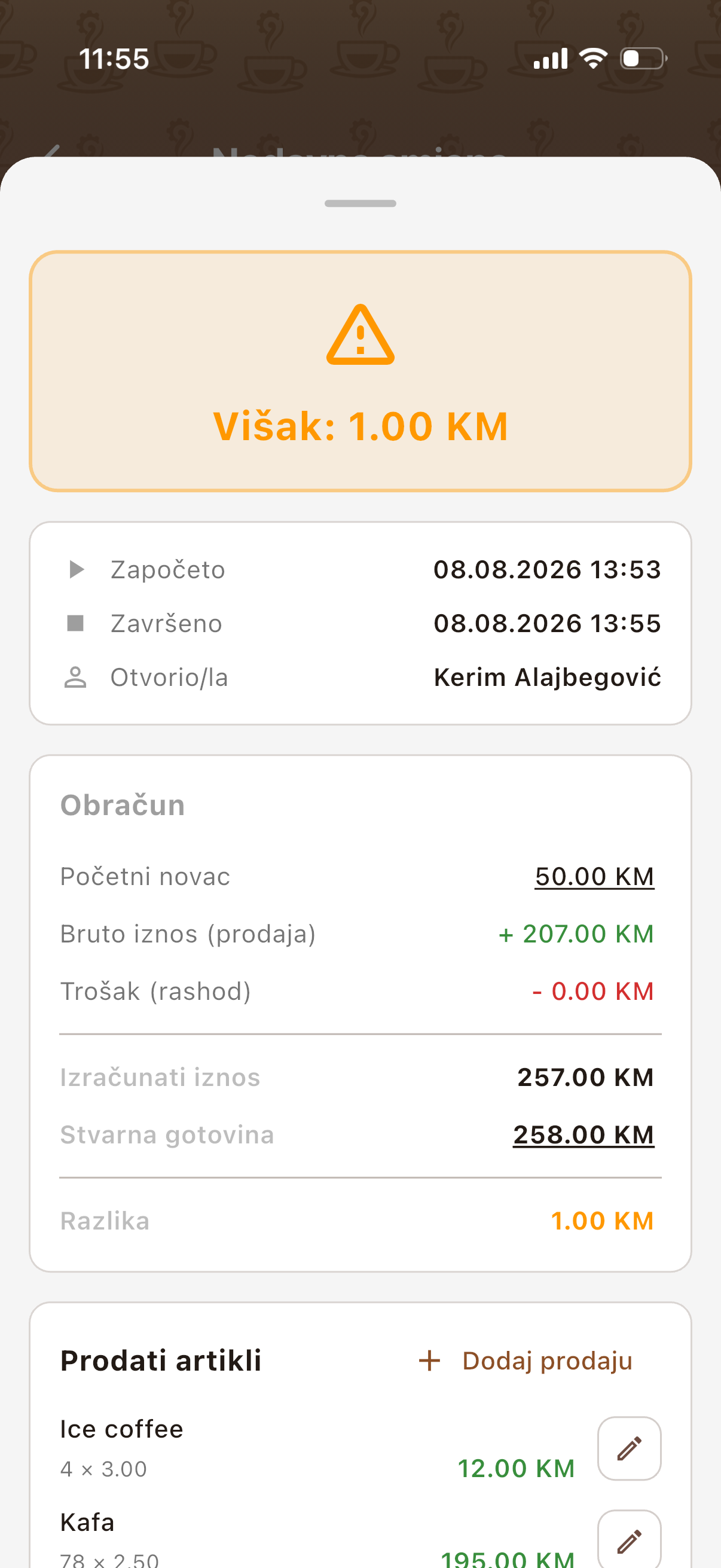 Ekran aplikacije Baristrator: obračun smjene — početni novac, prodaja, troškovi, izračunati iznos i stvarna gotovina, te razlika.