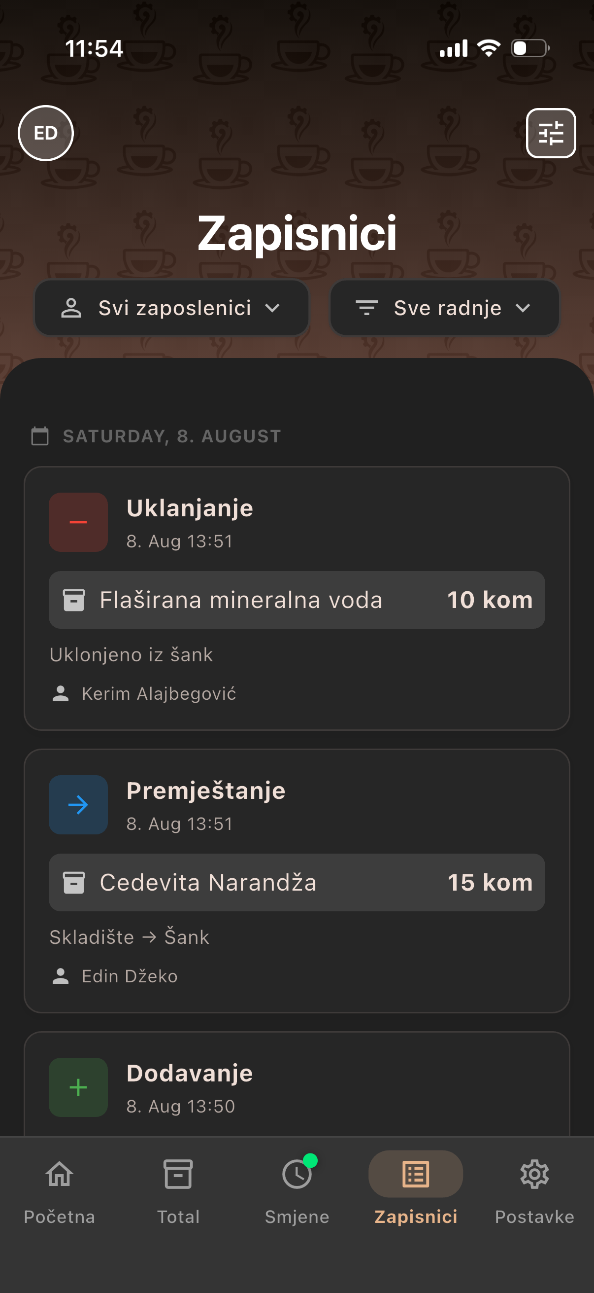 Ekran aplikacije Baristrator, kartica Zapisnici: ko je šta dodao, uklonio ili premjestio, i kada.