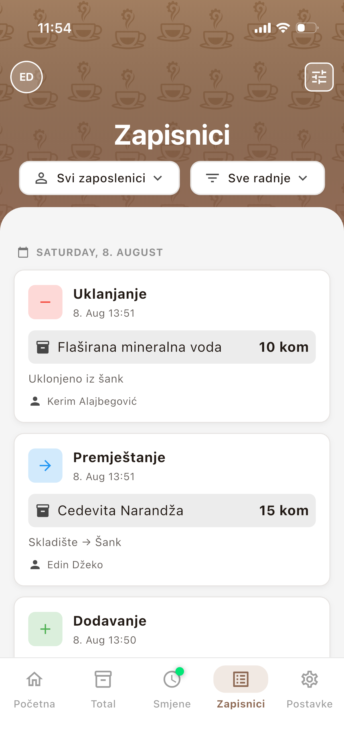 Ekran aplikacije Baristrator, kartica Zapisnici: ko je šta dodao, uklonio ili premjestio, i kada.